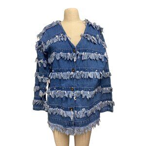 Vintage 90s Wings Blue Denim Top Fringed Jacket - Made in USA - 100% Cotton - Si